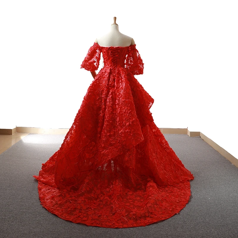 J66621 jancember bridal red evening dress sweetheart sleeve flowers bridal wedding party dress short train robe rouge de soir e