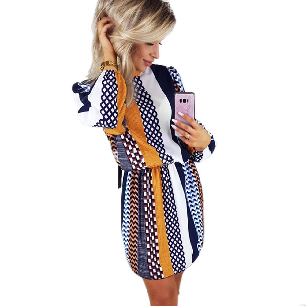 ELSVIOS Women Back Bow Striped Print Dress 2019 New Spring Turtleneck Long Sleeve A-line Dresses Casual beach Vestidos | Женская одежда