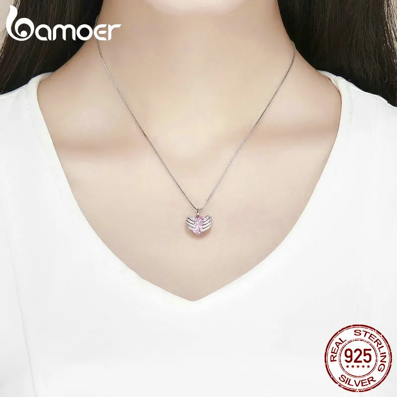 BAMOER подлинное 925 пробы Серебряное сердце стража Розовый CZ Крылья ангела кулон ожерелья для женщин Стерлинговое серебро ювелирные изделия BSN004