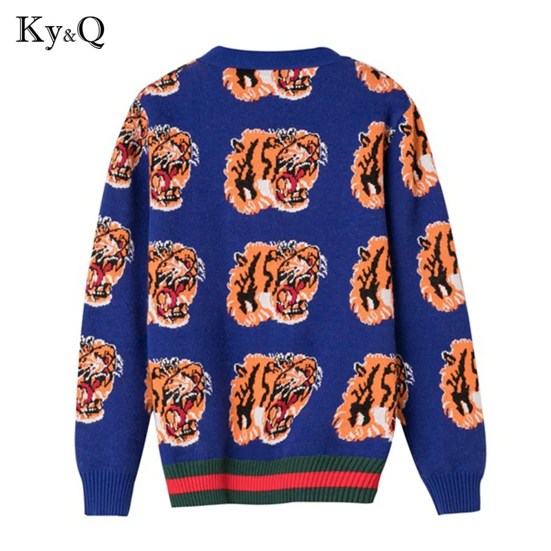 Женский винтажный свитер с принтом тигра вязаный в полоску длинным рукавом для