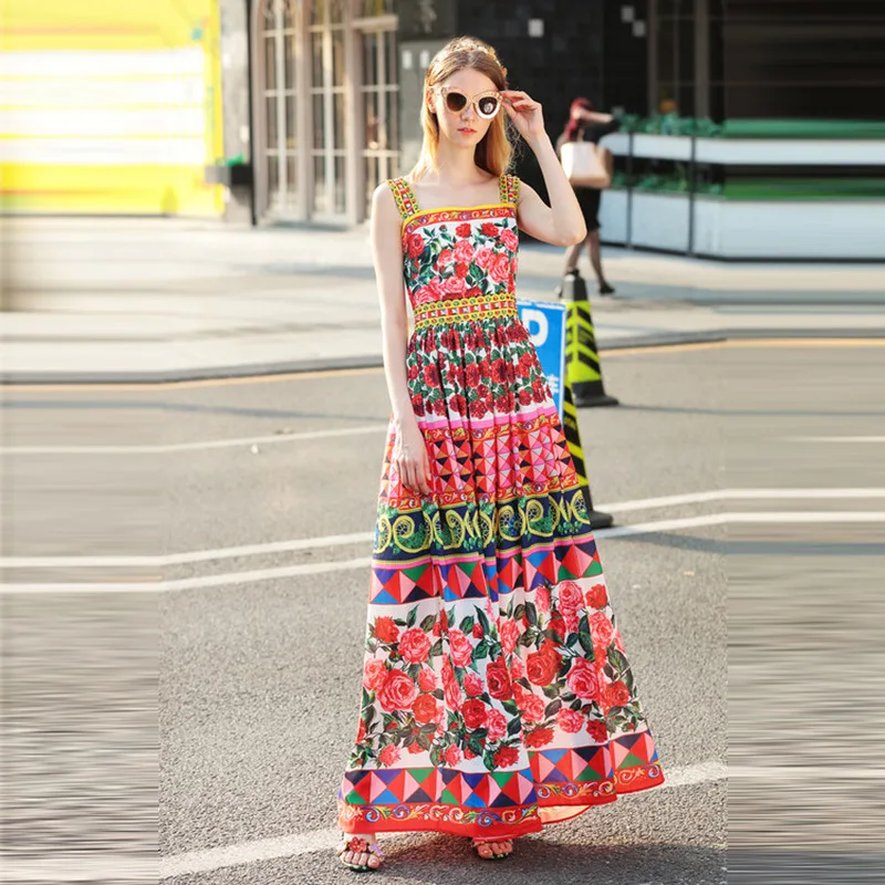 

High Quality New 2017 Designer Summer Dress Women's elegant Spaghetti Strap Colorful Button Red Rose Flower Floral Floor Length