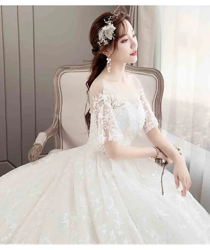 Large Size 6XL Deluxe White Bridal Wedding Trailing Dress Short-Sleeve Ball Gown Evening Party Dress For Lady Plus Size 5XL 3XL