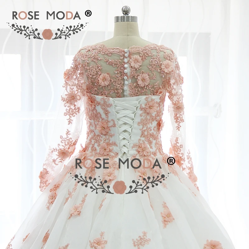 Женское свадебное платье с длинным рукавом розовое цвета слоновой кости