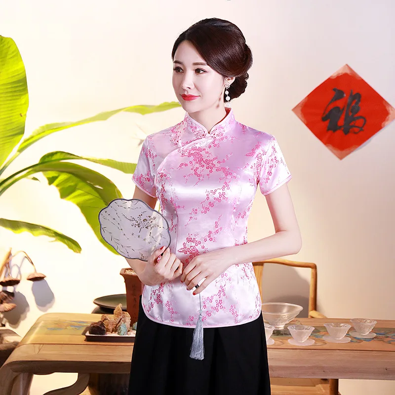 

Chinese Mandarin Summer Tops Women Silk Plum Blossom T-shirts Prom Costume S-4XL