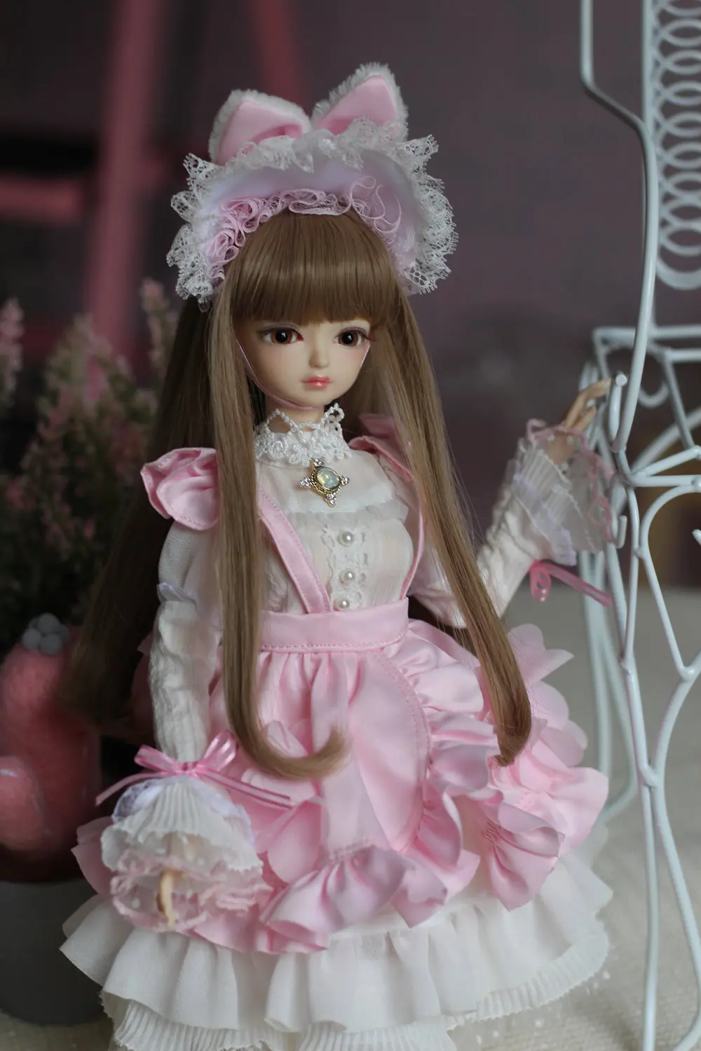 1/4 BJD белое платье розовый фартук Костюм и ободок для вашей куклы 40 см