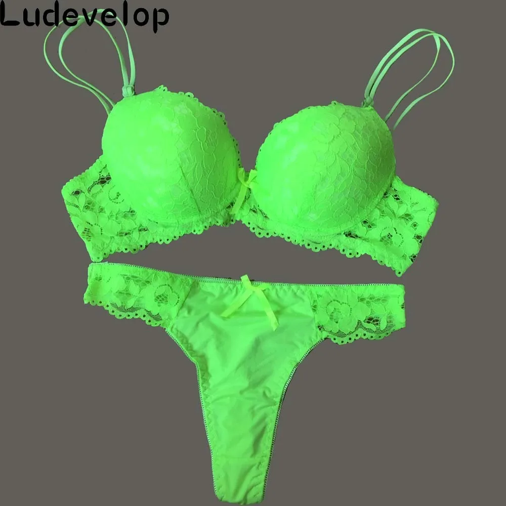 Ludevelop сексуальные стринги кружевной бюстгальтер Push Up Белье женское нижнее белье Комплекты Intimates цветочной вышивкой черный, белый цвет бюстгальтер Краткие наборы - Цвет: Зеленый
