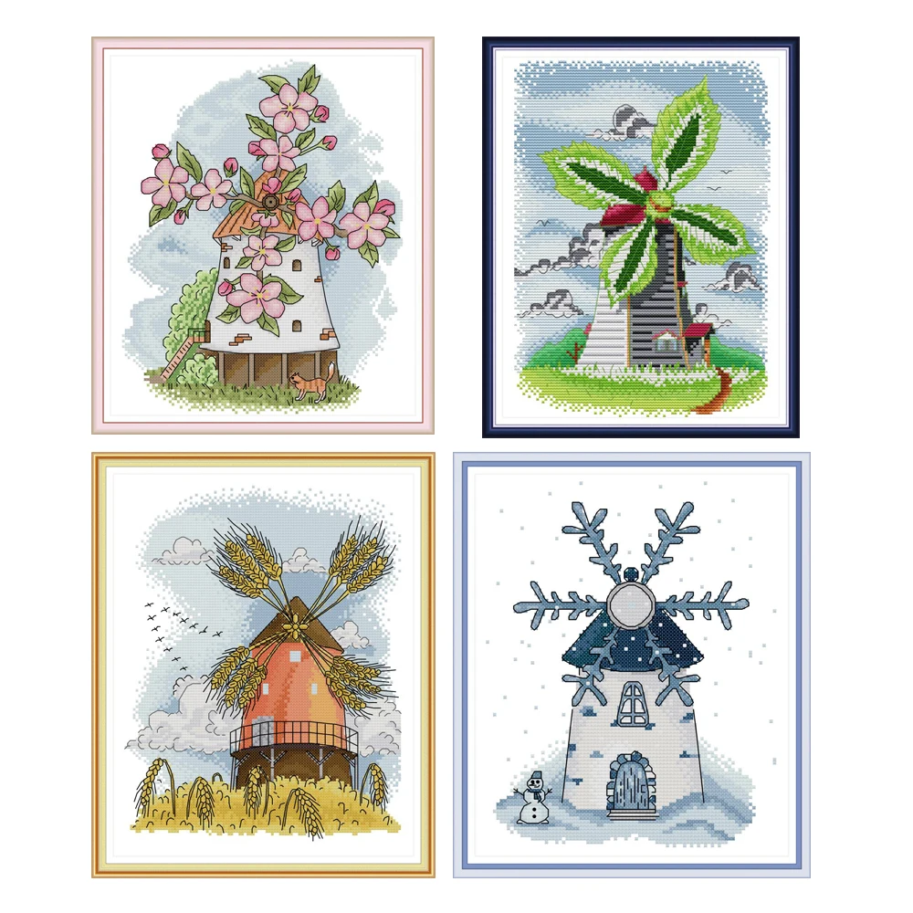 

NKF Four Seasons Windmill Handmade Craft Needlework Cross Stitch Set Embroidery Kit Printed Design Stitching Home Decor