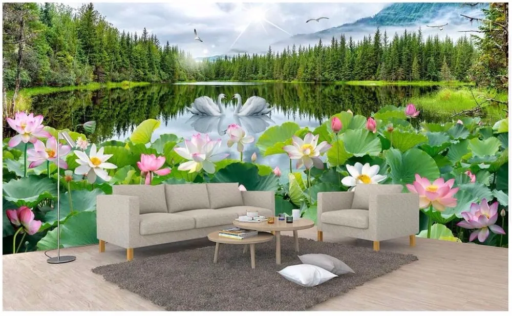 

3d wall murals wallpaper for walls 3 d photo wallpaper Forest and lake swan lotus flowers tv background wall living room