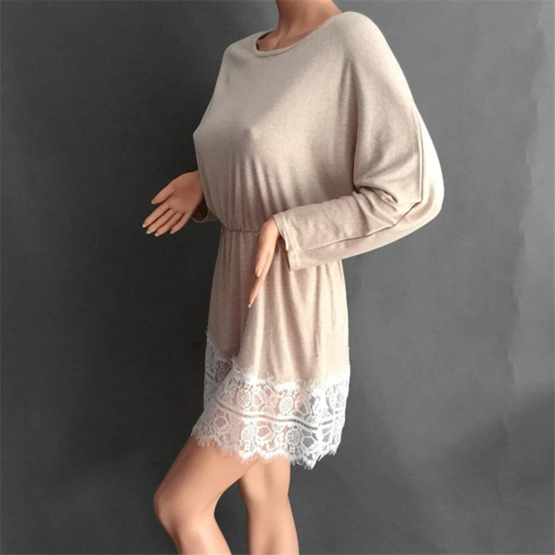 Vestido Dresses Cotton Sexy Lace Patchwork Slash Neck Loose Mini Dress Batwing Sleeve Women Lady 2017 Knitted Autumn Summer HOT | Женская