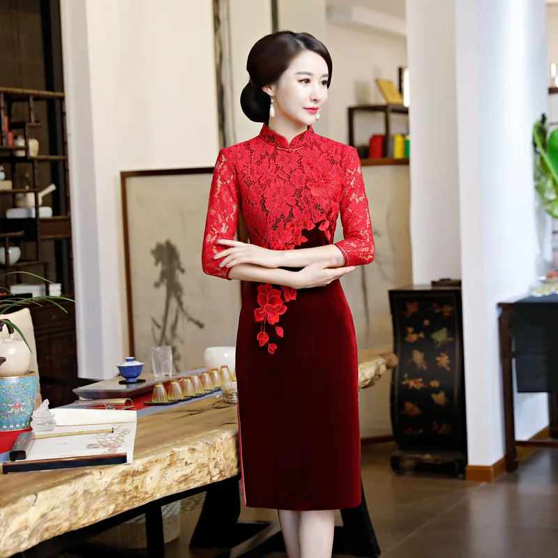 Cheongsam Винтаж китайский Стиль велюр кружевном платье женщина Qipao тонкий Платья для