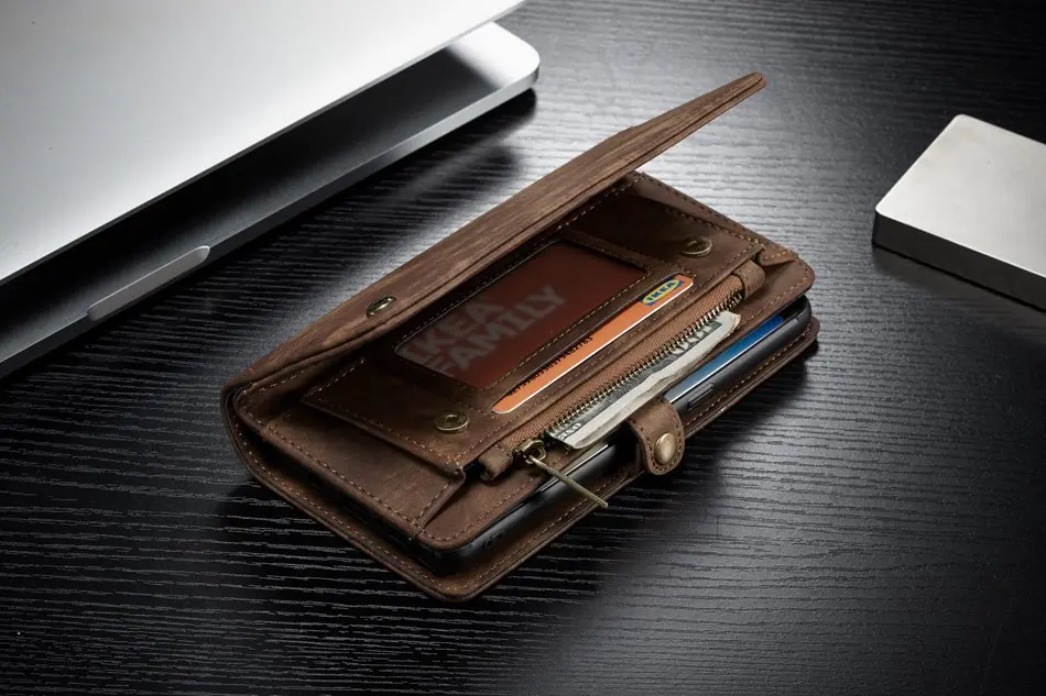 14 Slots Zipper Wallet with Removable Back Cover Leather Case for Samsung Galaxy Note 8 9 10 Plus Hand Sewing Purse | Мобильные