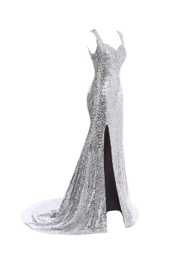 Sparkly Sequined Silver Mermaid Prom Dresses Vestido De Festa Sexy See-Through Back Side Split Court Train Formal Party Gowns | Свадьбы и