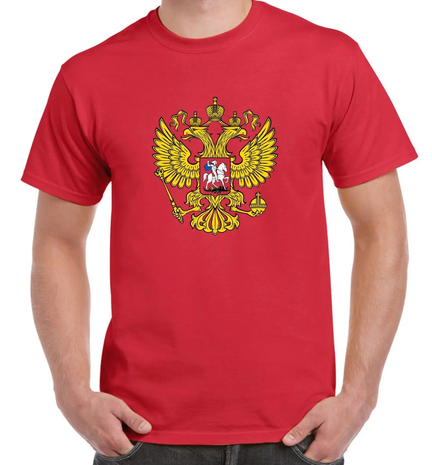 Футболка мужская свободного размера с изображением герба России и флага |
