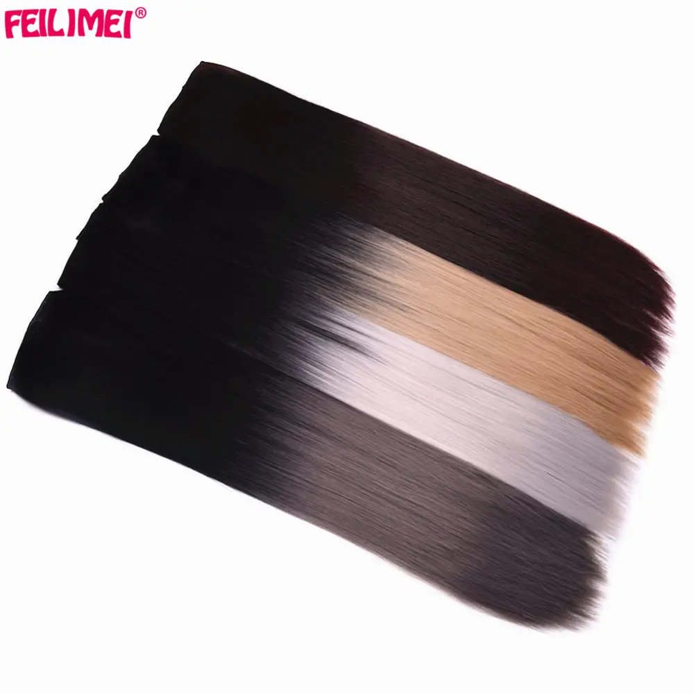 

Feilimei Synthetic Ombre Long Straight Clip in Hair Extensions 5Clips 24" 60cm 120g Silver Gray Blonde Colored Women's Hairpiece