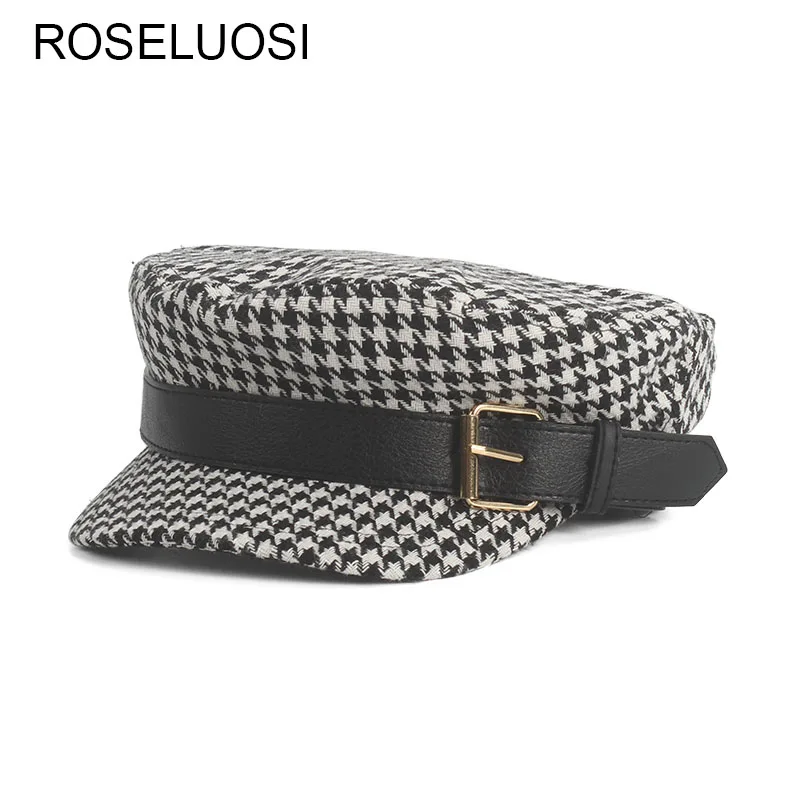 Женская шляпка в черно белую клетку ROSELUOSI стиле милитари на осень и зиму плоский