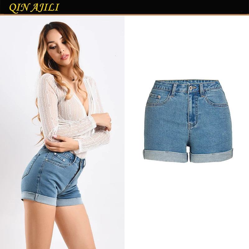 QIN AJILI Women 's Jeans Short Casual Straight Denim Cuffs Mujer Trousers Cotton Bleached For Woman Lady DIY Shorts Jean |