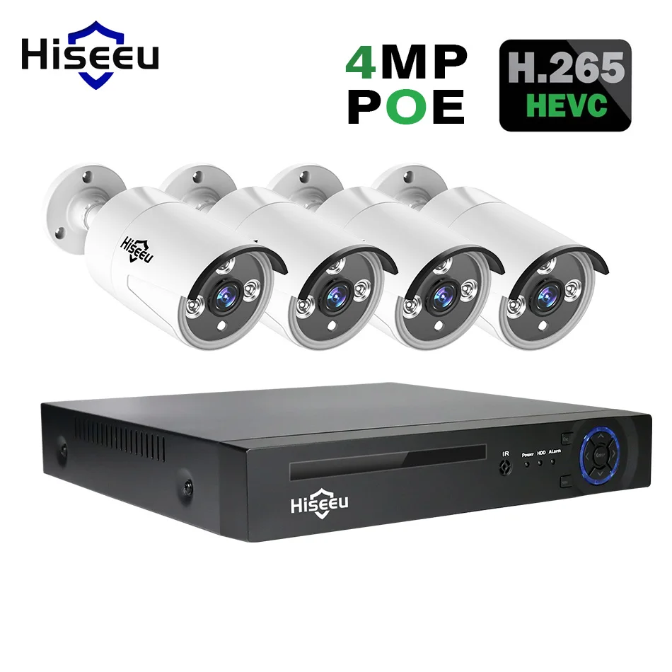 Hiseeu 4MP POE CCTV Системы H.265 4CH PoE NVR комплекты HI3516D OV4698 водоустойчивая открытый ультра