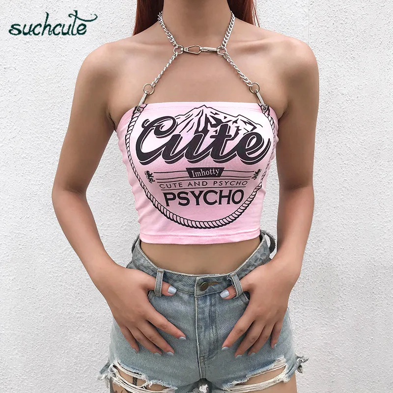 SUCHCUTE женская футболка с принтом в виде металлической цепью топы лямкой на шее для