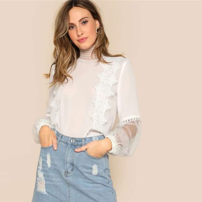 SHEIN Топ С Оригинальным Рукавом И Кружевной Аппликацией Женские Белые Элегантные Блузки Со Стоячим Воротником