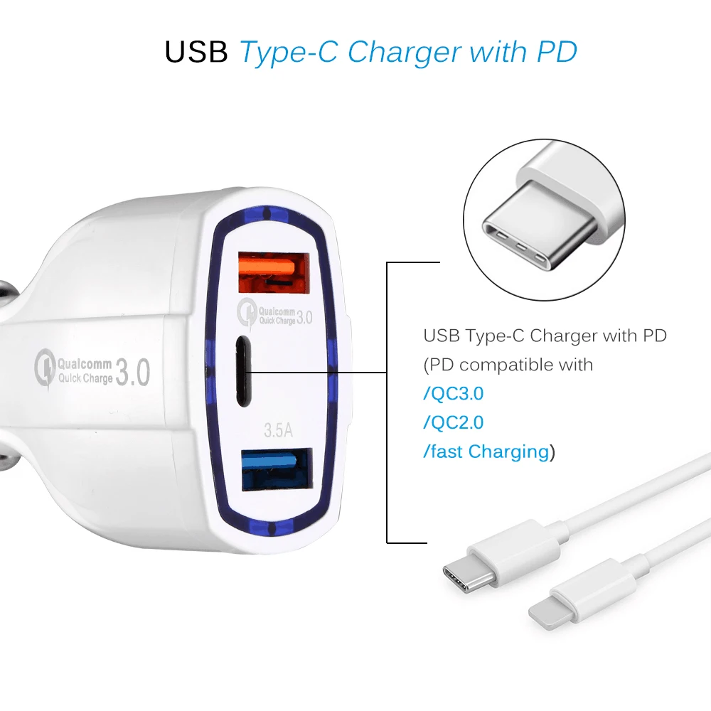 Автомобильное зарядное устройство с функцией быстрой зарядки 3USB-порта |