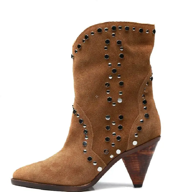 

Hot Fashion Sexy Winter/autumn Brown Kid-Suede Mid-calf Shoes Slip-On Pointed Toe Women's Shoes Spike Heels Rivet Ladies Boots