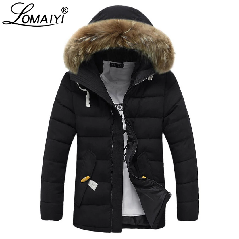 

LOMAIYI Men's Winter Polyester Down Jacket Men Thick Warm Cotton Parka With Fur Hood Male Padded Coat Warm Windbreaker BM212