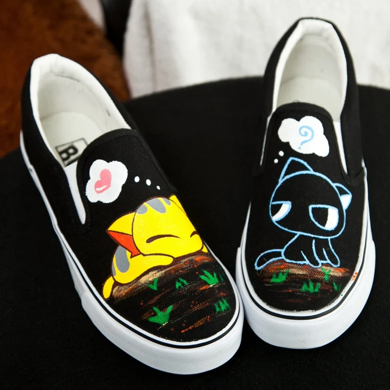 E-LOV Hand Painted Cat And Fish Casual Canvas Shoes Boys Flat Graffiti Cartoon Animal Loafers Students Slip On Chaussure | Обувь