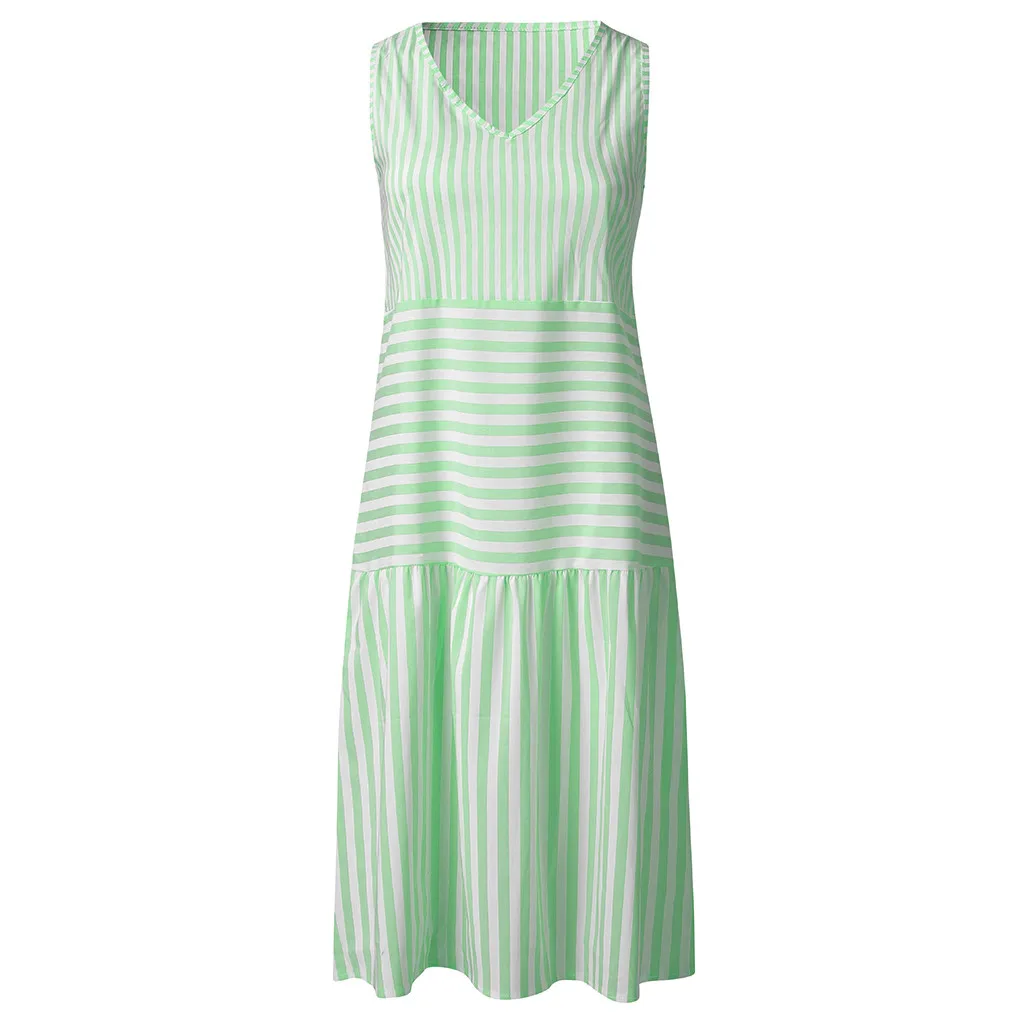 Летнее женское платье-жилет в полоску без рукавов с v-образным вырезом вечерние