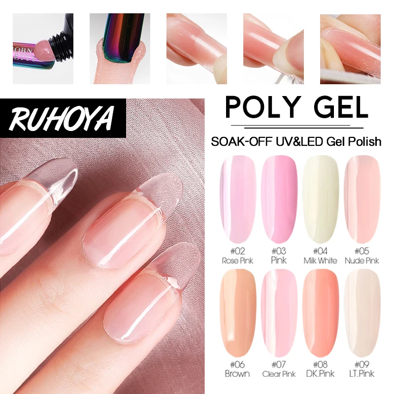 Быстрый полигель Ruhoya, прозрачный, белый, розовый, для наращивания, желе, быстрый акриловый УФ-гель для наращивания, полигель для наращивания ногтей, строительный лак