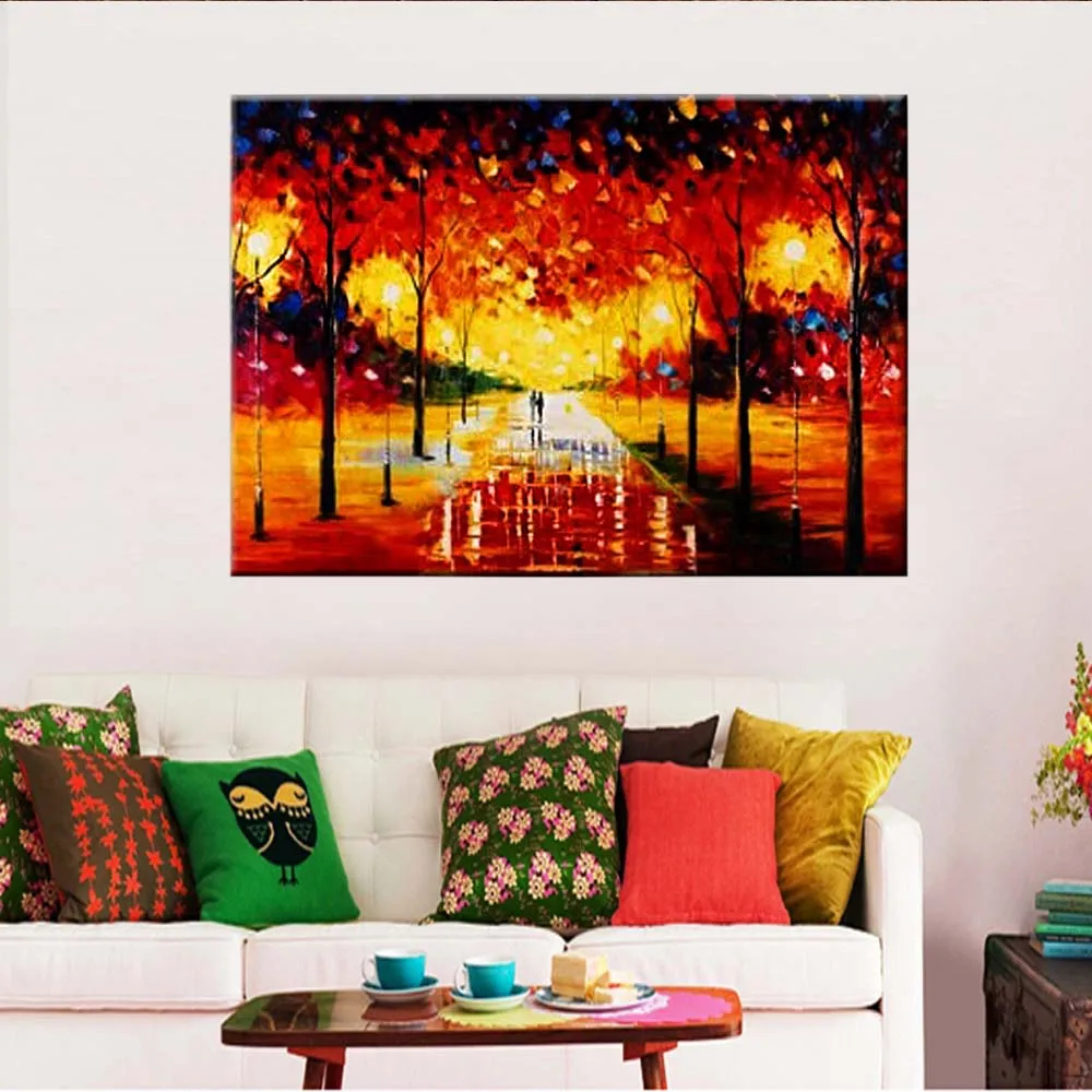 

Hand Painted Abstract Palette Knife Night Lamp Landscape Canvas Oil Painting Night Park Light Wall Picture Living Room Decor Art