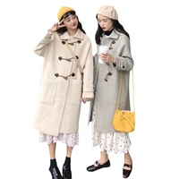 winter womens long section hepburn horn buckle quilted thick woolen coat loose student wool coat