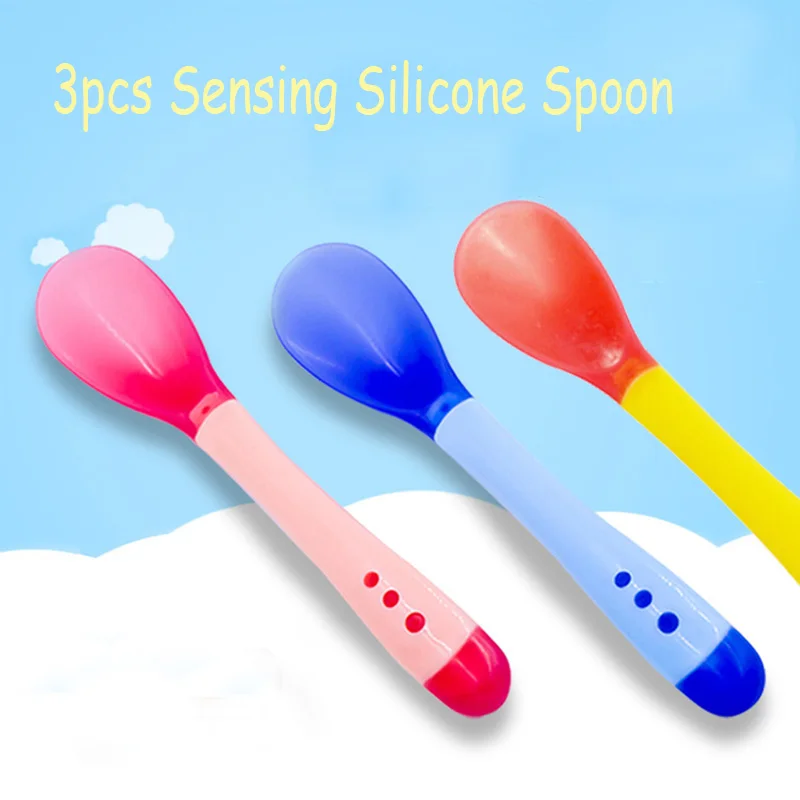 

Rosiky 3pcs Baby Feeding Silicon Spoon Baby Safety Temperature Sensing Kids Flatware Feeding Spoons