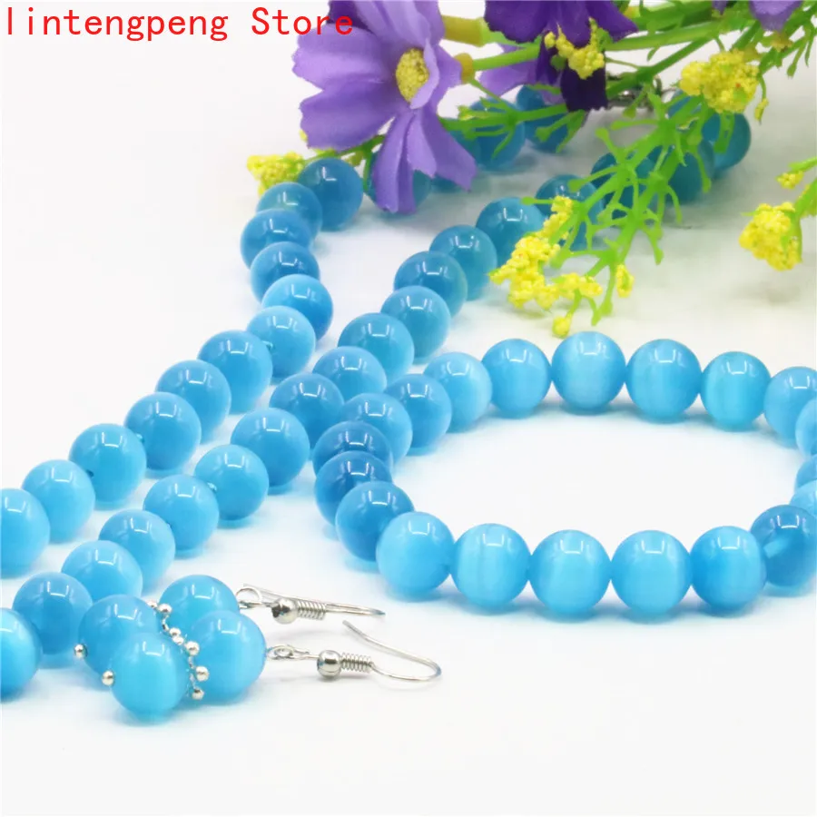 Небесно Голубой натуральный опал кошачий глаз камень круглые бусины женские