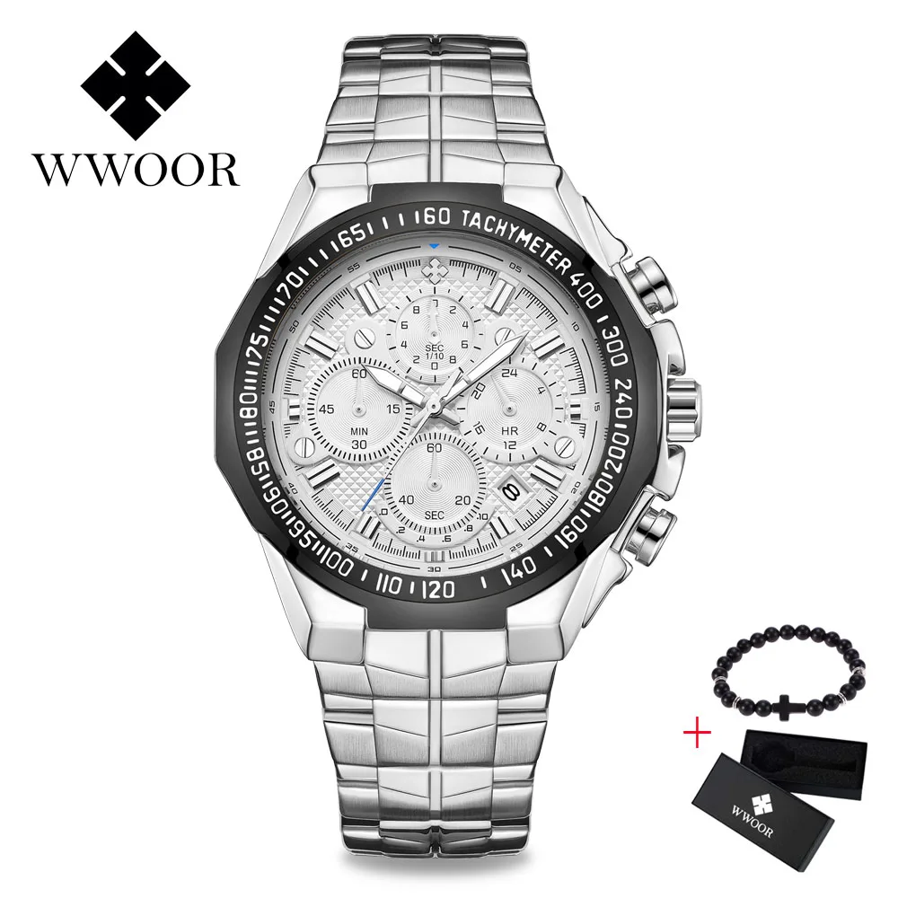 Silver White Часы для мужчин лучший бренд класса люкс WWOOR золотой хронограф часы Человек золото большой циферблат мужской наручные - Цвет: Silver White