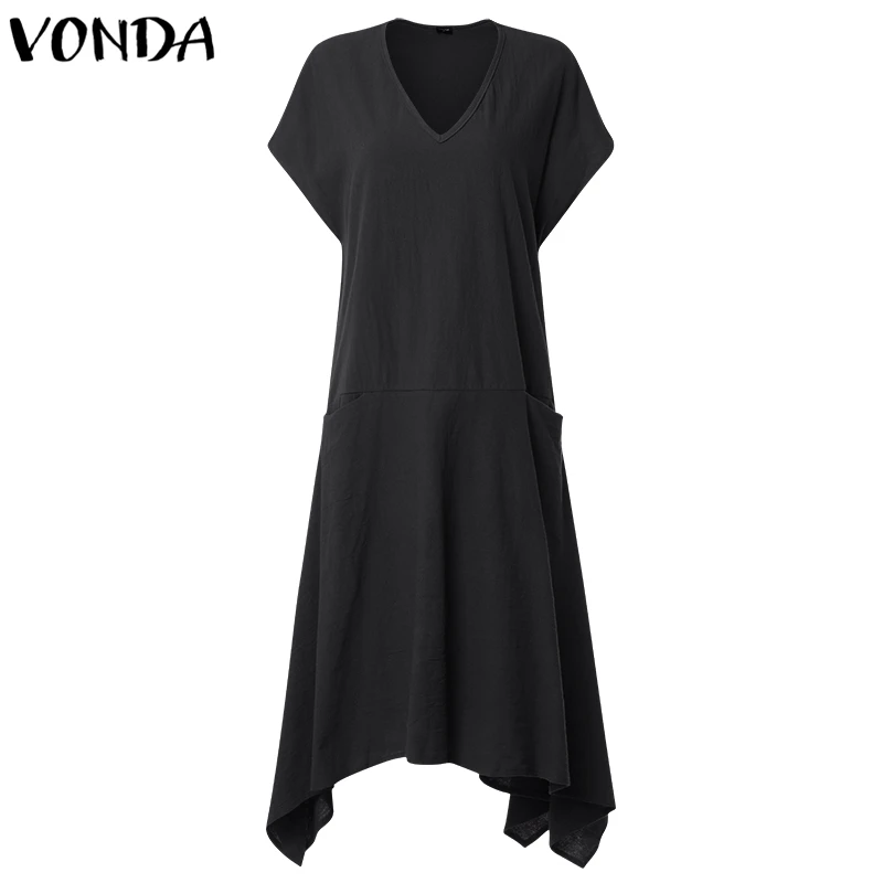 VONDA, женское сексуальное платье, лето, v-образный вырез, короткий рукав, карманы, неровная кромка, хлопок, платья свободного покроя, размера плюс, Vestidos