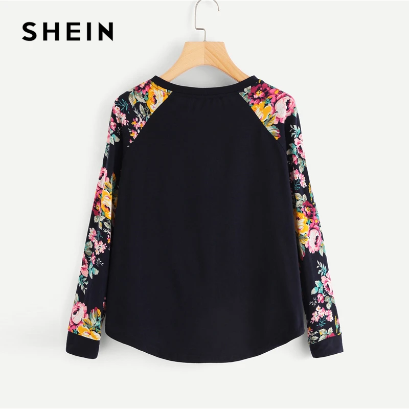 SHEIN Асимметричный Джемпер С Контрастным Рукавом, Джемпер С Длинным Рукавом И Цветочным Принтом