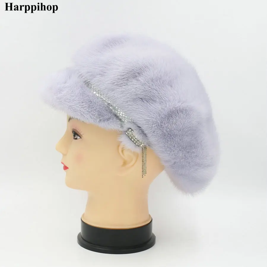 blue Натуральная норковая меховая шапка для женщин Зимняя импортная вся норковая шапка цветочный узор русский высококлассный роскошный Женская шапка - Цвет: blue