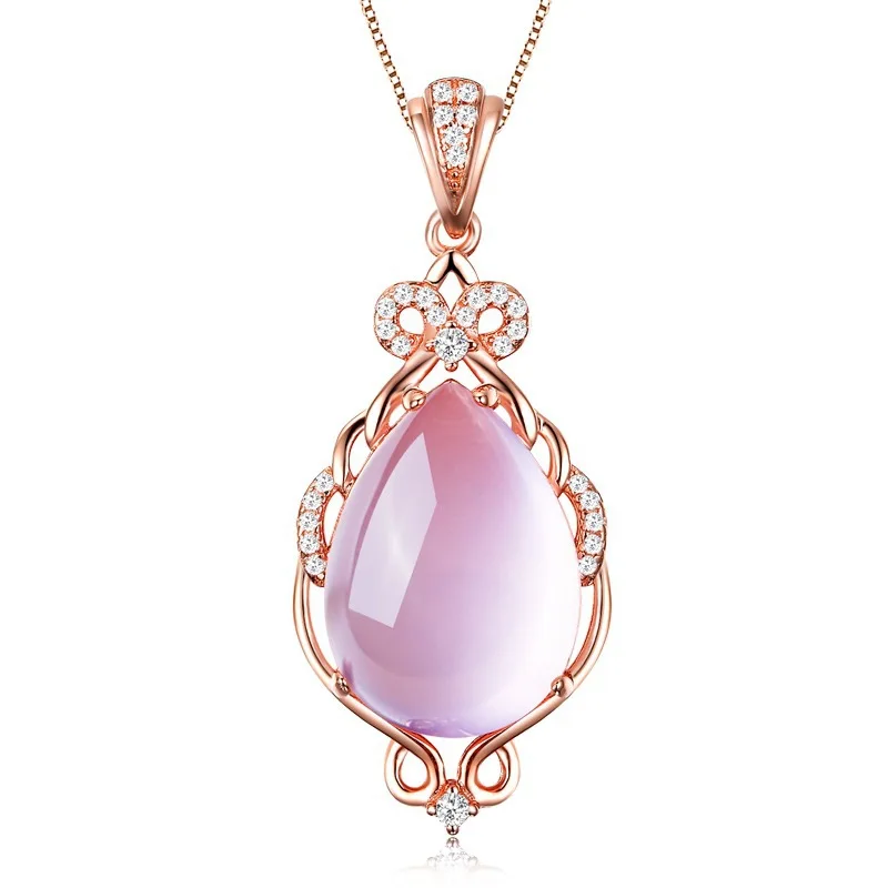 OMHXZJ Wholesale European Fashion Woman Girl Party Gift Rose Quartz AAA Zircon S925 Sterling Silver Necklace Pendant Charm CA151 | Украшения