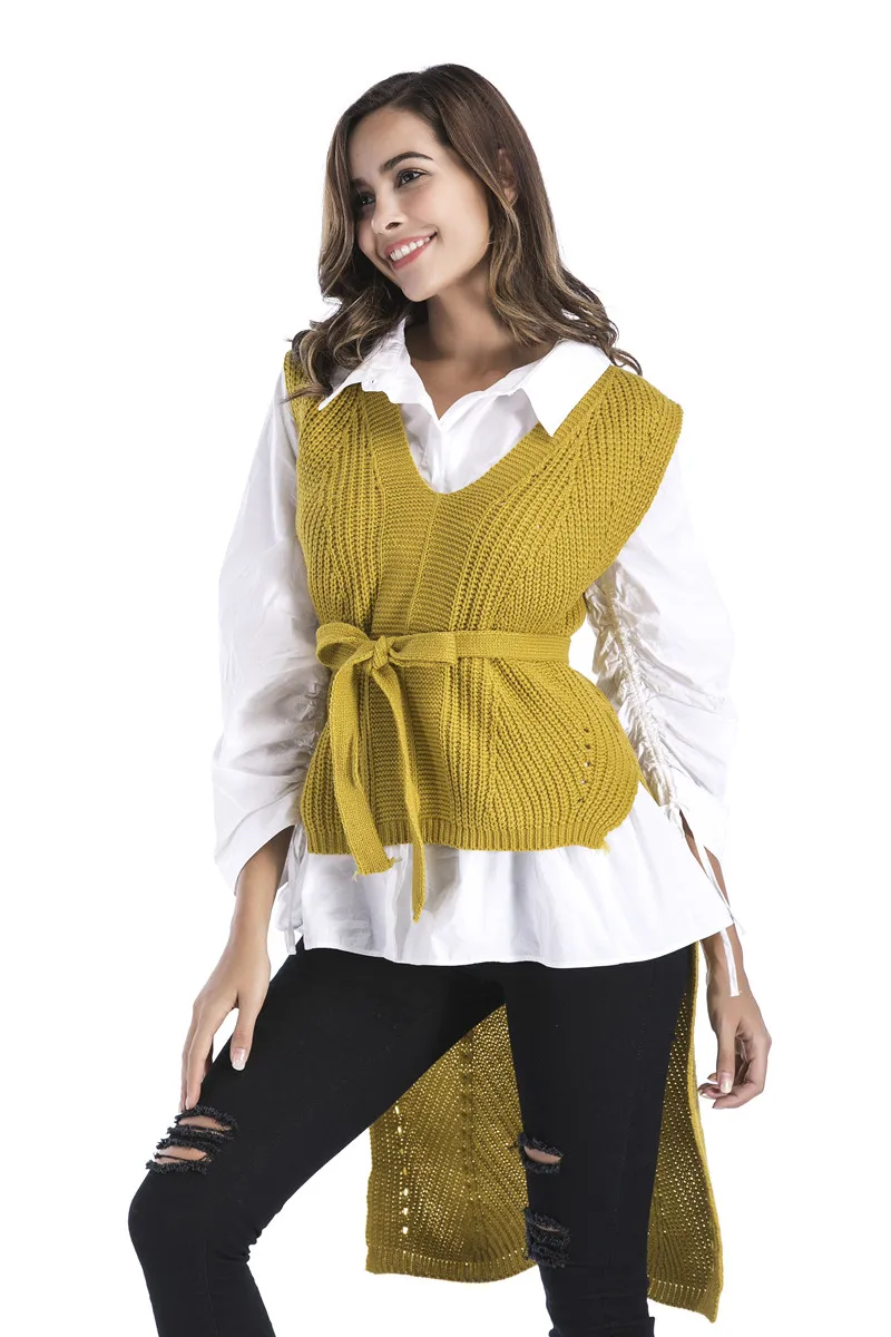 2018 Cuteelk женские V-Neck Lace-Up пуловеры жилет трикотаж Осень Одежда для весны осени зимы
