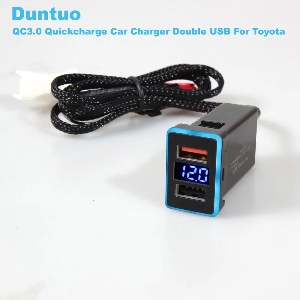 QC3.0 Quickcharge дисплей Напряжение Ампер автомобильное зарядное устройство двойной USB телефон адаптер DVR Plug& Play кабель для Toyota