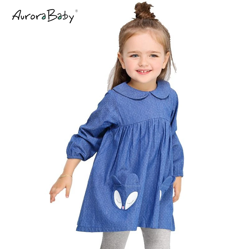 AuroraBaby Girls Dress Denim Cute Fox Dot Pattern Long Sleeve Toddler Girl Clothing 2-9Yrs Party Vestidos de fiesta | Детская одежда и