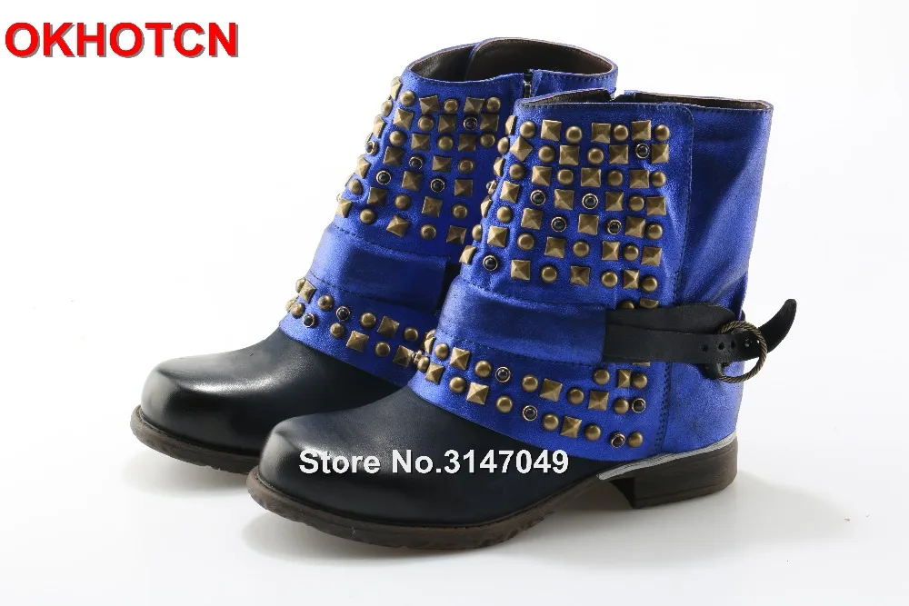 

Blue Black Retro Genuine Leather Women Ankle Boots Rivets Studded Martin Boots Buckle Strap Botas Altas Mujer Shoes