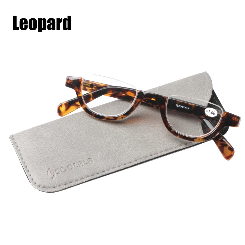 Leopard SOOLALA с плоским верхом полу-очки для чтения без оправы Для женщин Для мужчин новые дешевые пресбиопии очки для чтения с кожаный чехол+ 1,0 до 4,0 - Цвет оправы: Leopard