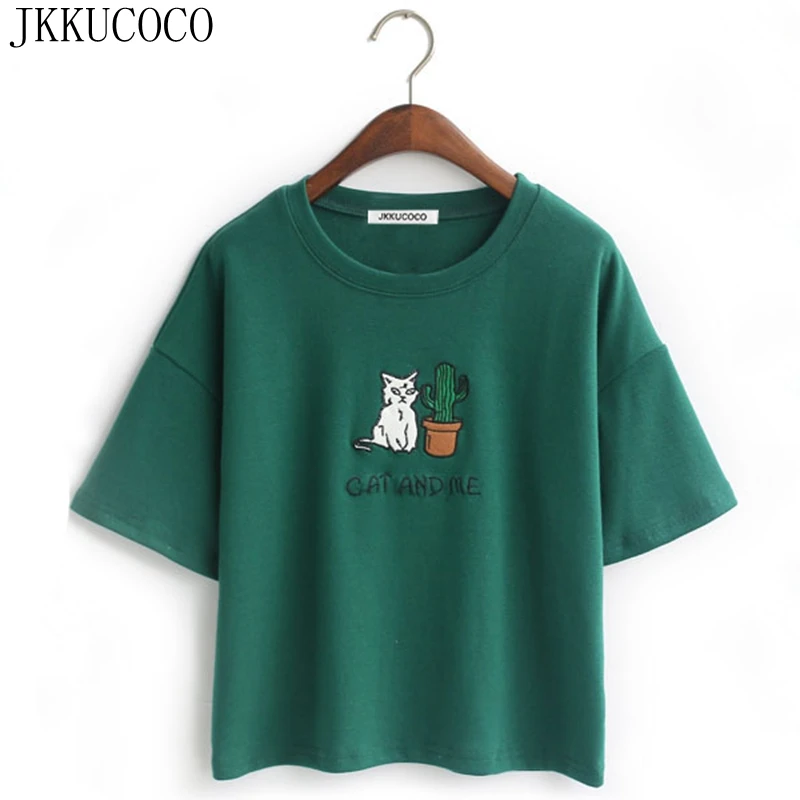 Повседневная Женская футболка JKKUCOCO с вышивкой кошки кактуса хлопковая Короткие