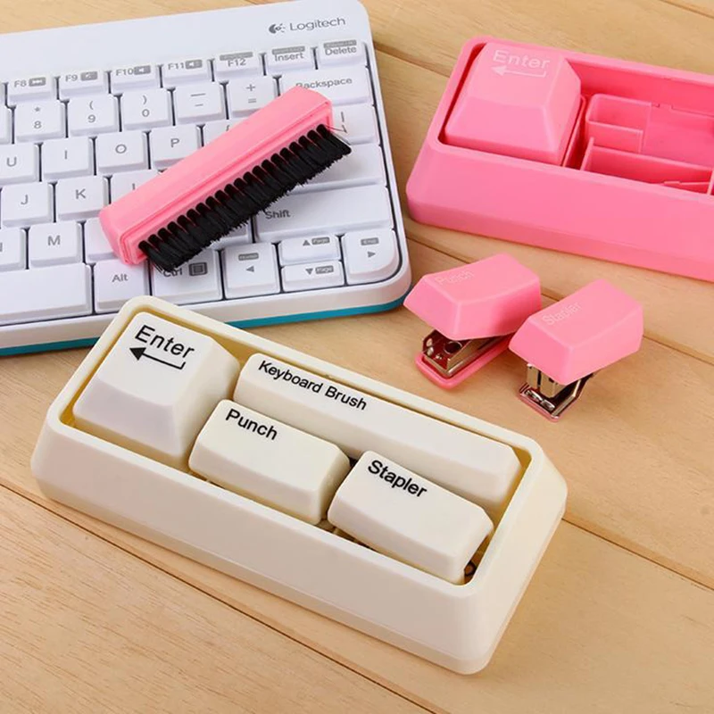 Фото Free Shipping 2 Set Creative Mini Office Keyboard Stationary : Book Stitcher + Card Punch Brush | Канцтовары для офиса и дома