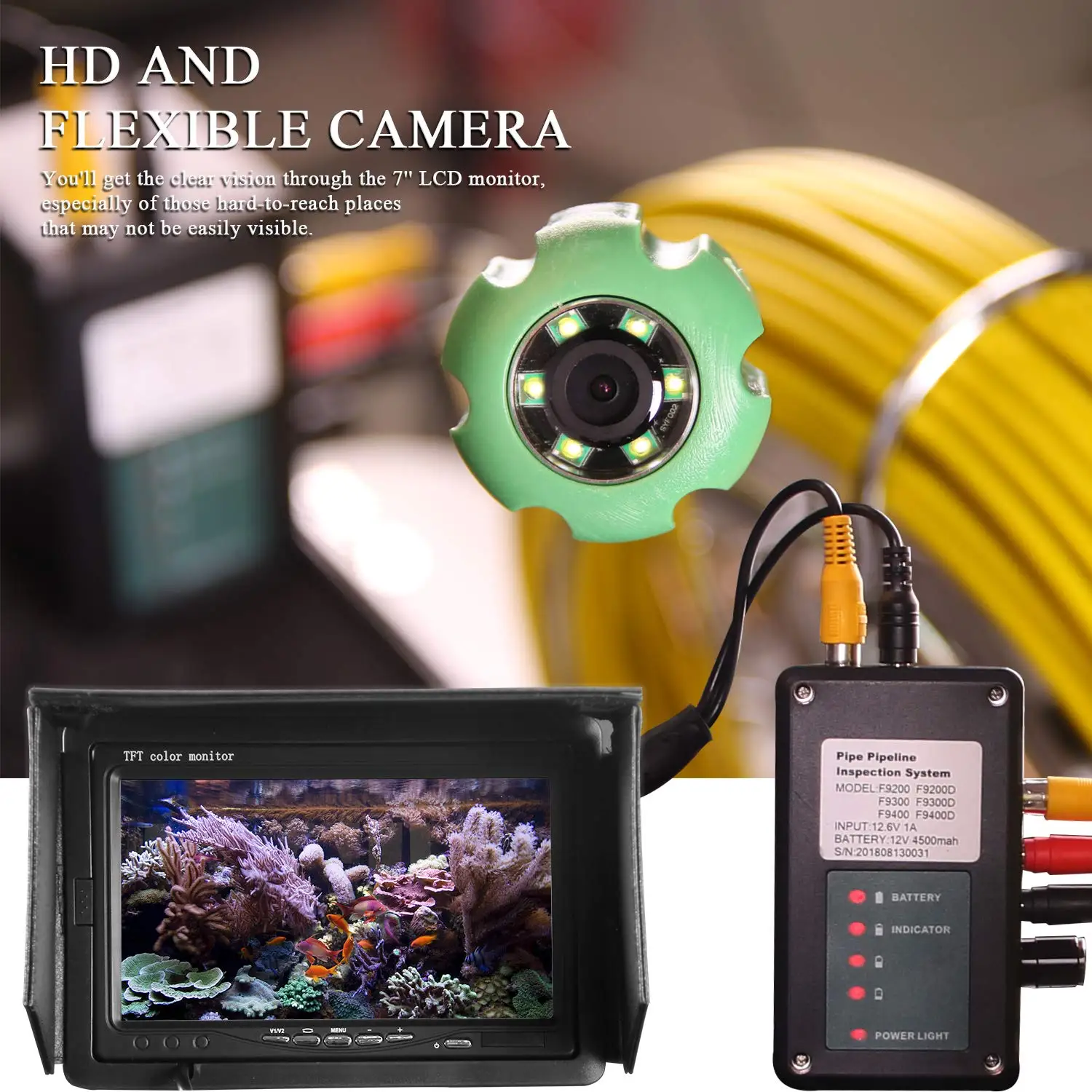 Камера для инспекции канализационных труб Sewer Pipe Inspection Camera Industrial Pipeline 30m Endoscope 23mm 1000TVL Snake Video 7" Drain on.
