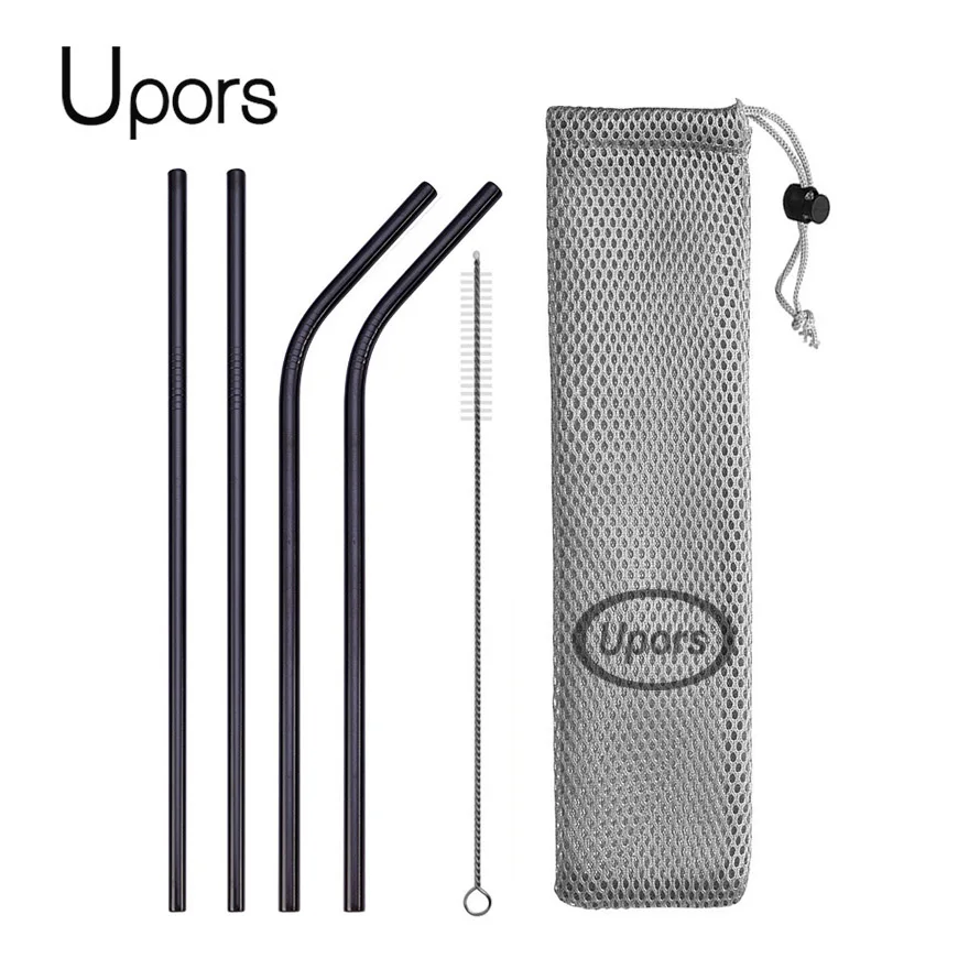 Black with bag UPORS многоразовый металлический питьевой соломы 304 соломинки из нержавеющей стали прямо согнуты питьевой соломы с чистильщиком косметичка - Цвет: Black with bag