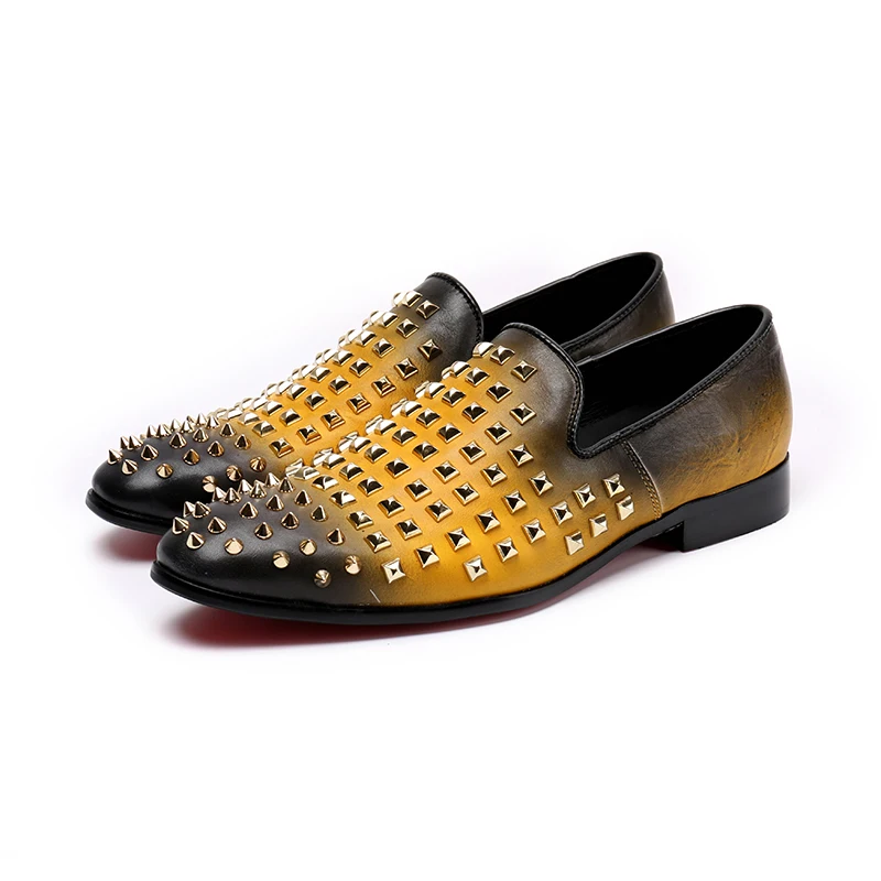 

Yellow New Square Toe Slip on Studded Man Loafers Leather Men's Comfortable Rocker Casual Shoes