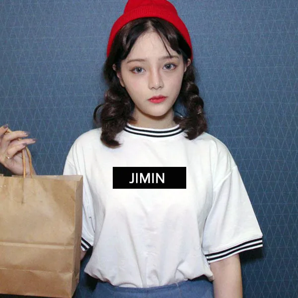 KPOP jin suga летняя Женская Корейская черно-белая футболка с короткими рукавами и