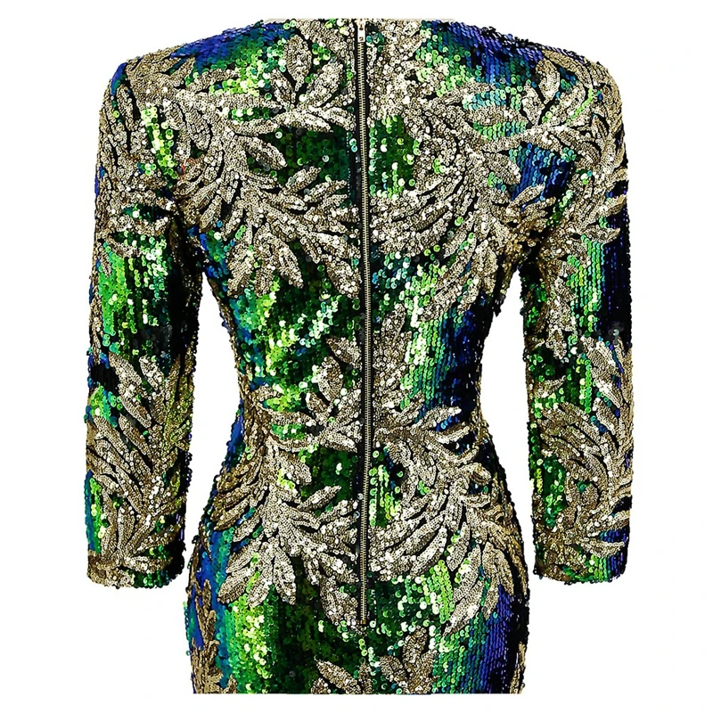 

2019 Spring Summer Sexy Green Sequin Dress women 3/4 Sleeve Plus Size Dress Elegant Lady vintage party night club bodycon Dress